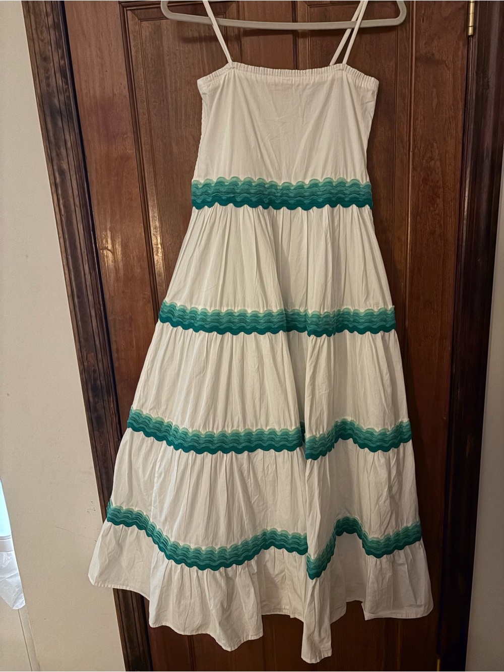 Oliphant White Tiered Sundress with Teal Trim